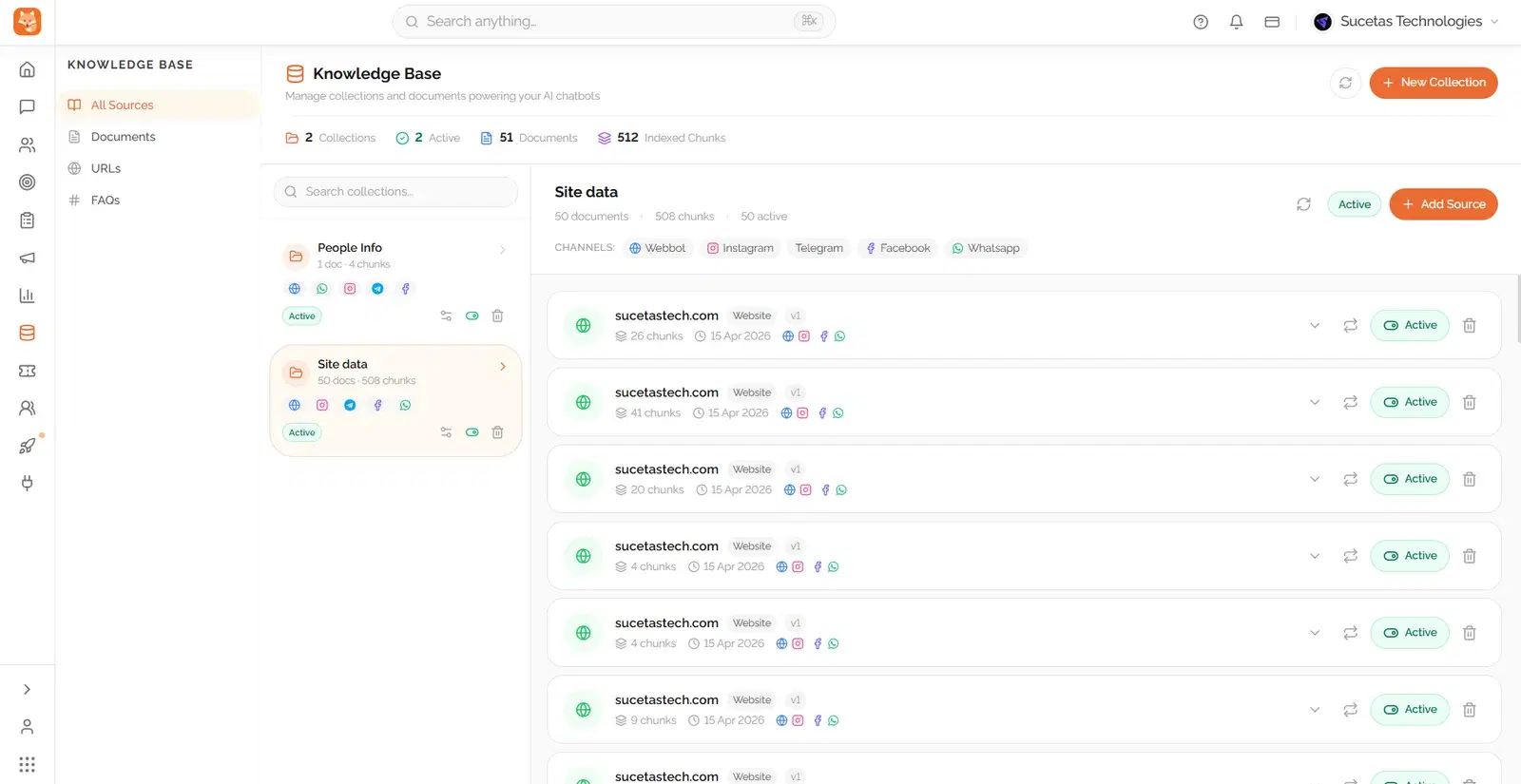 Dunefox knowledge base with synced sources powering grounded AI answers
