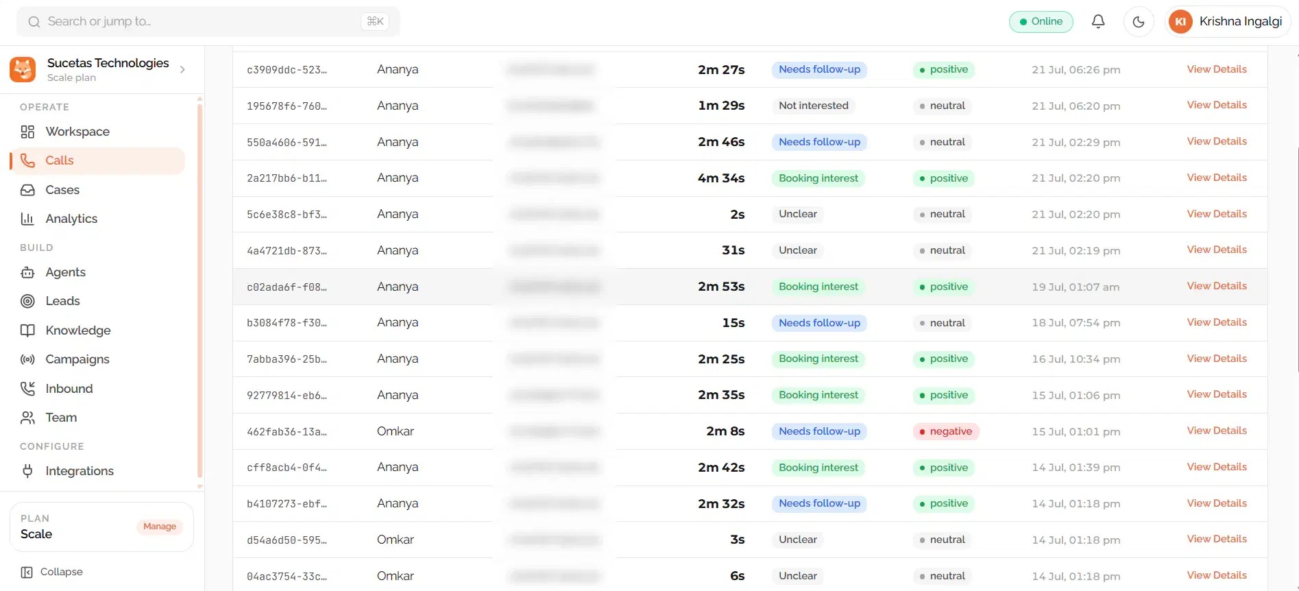 The calls list: agent, duration, outcome and sentiment for every call