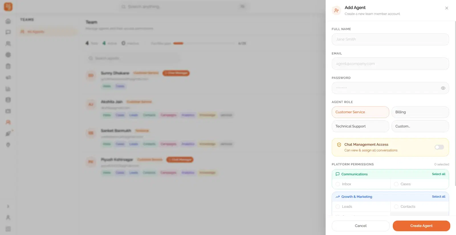 Dunefox team member setup screen with role selection and per-module platform permissions