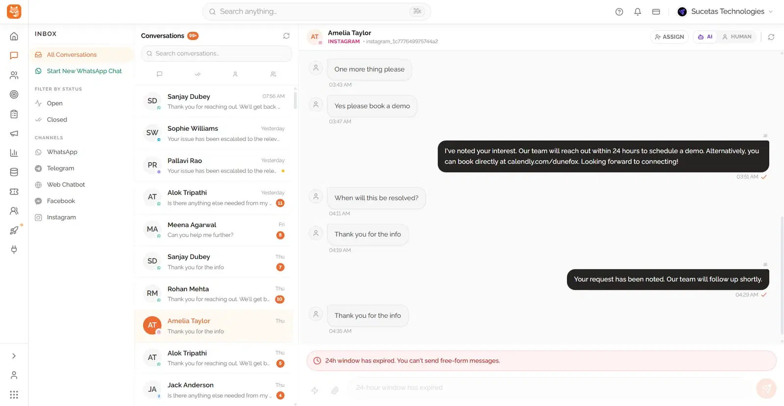Dunefox shared inbox listing client conversations from WhatsApp, Telegram, Instagram and web chat in one queue