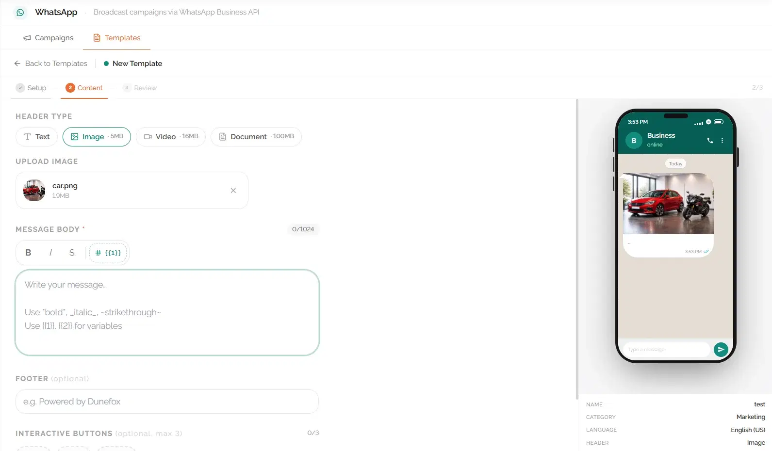 Dunefox WhatsApp template builder with variables and buttons configured