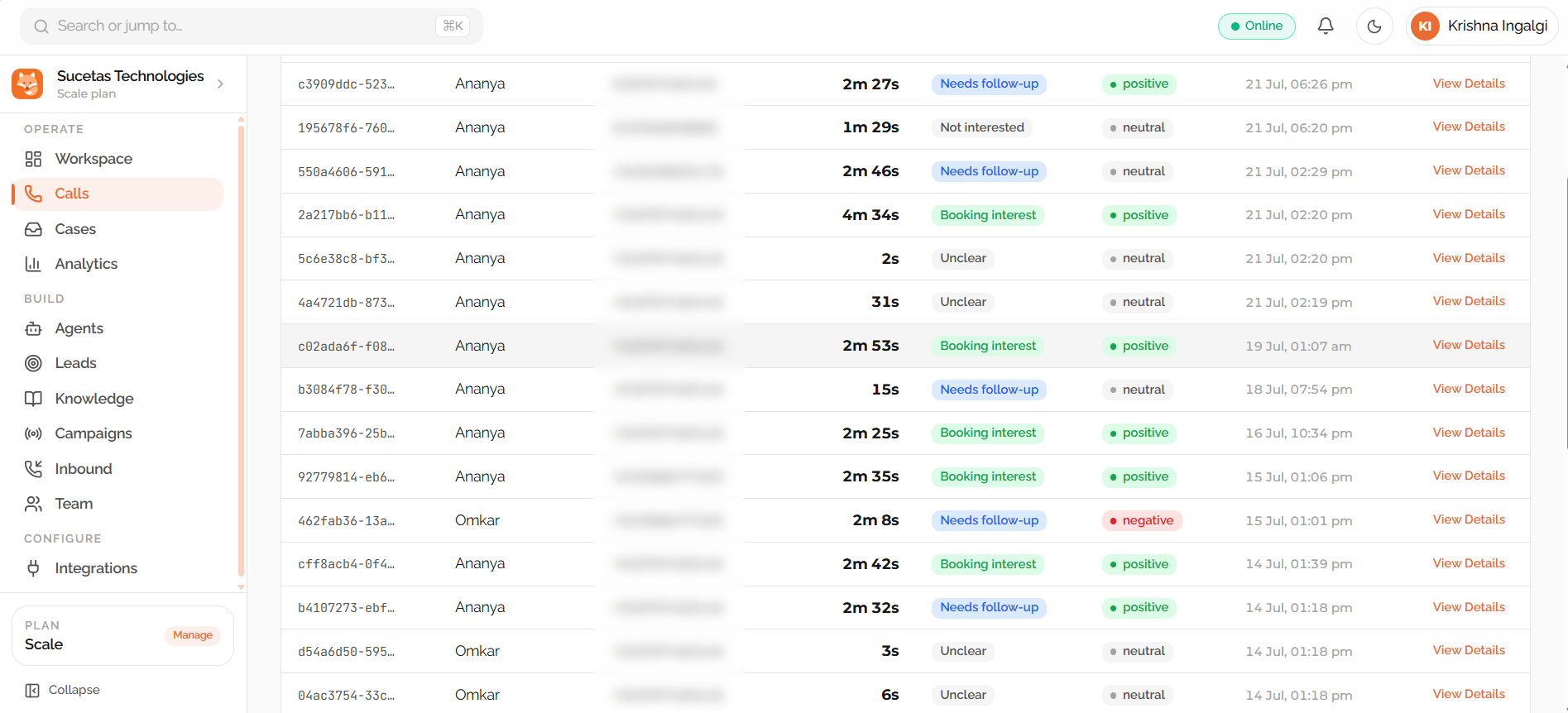 The calls list: agent, duration, outcome and sentiment for every call