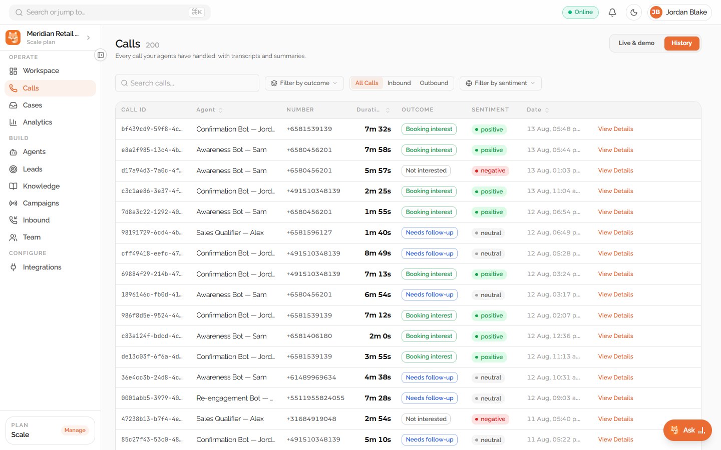 Voice bot call history and analytics