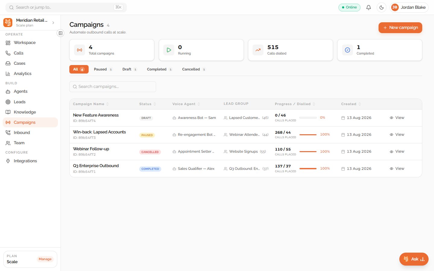 Outbound voice bot campaigns