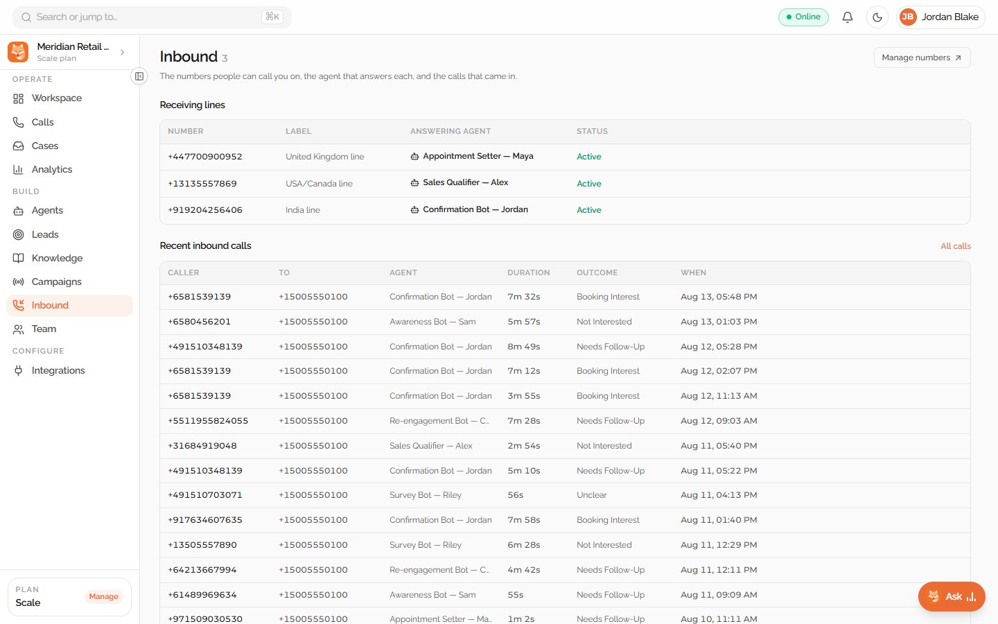 AI receptionist inbound call routing